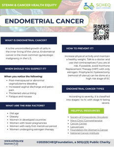 Infographic flyer on endometrial cancer from SCHEQ, featuring key statistics and prevention tips.